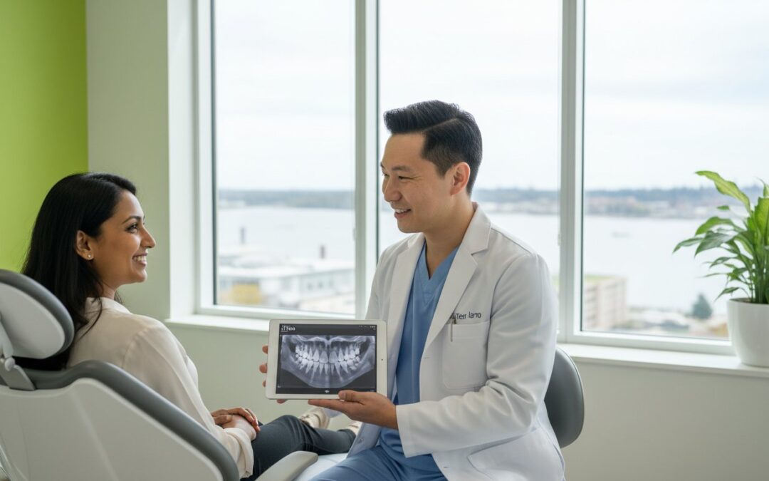 Dentist showing digital dental X-ray on tablet to a patient at Queen's Park Dental in New Westminster