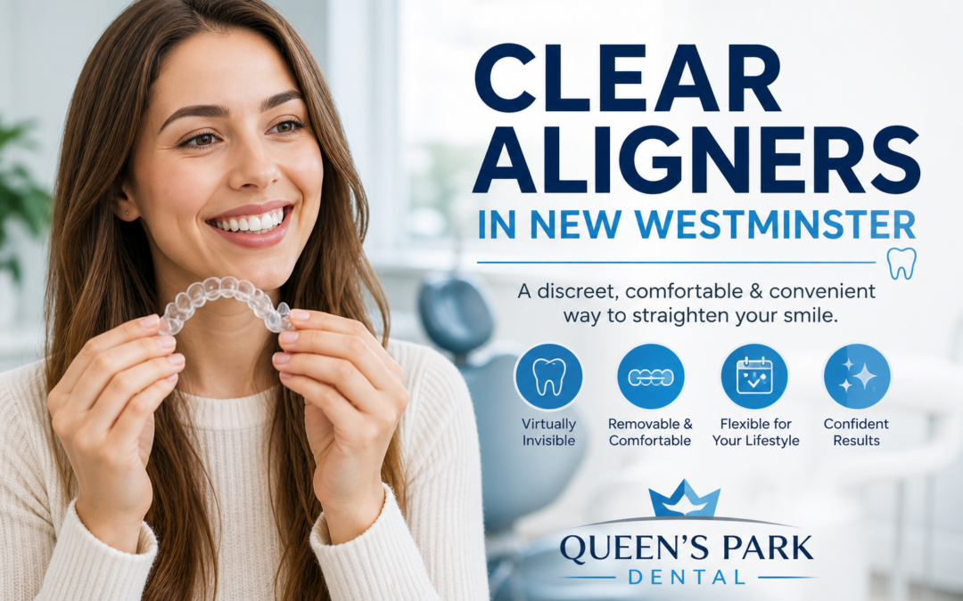 Woman smiling and holding a clear aligner in a dental clinic; banner reads 'CLEAR ALIGNERS IN NEW WESTMINSTER' with Queen's Park Dental logo.
