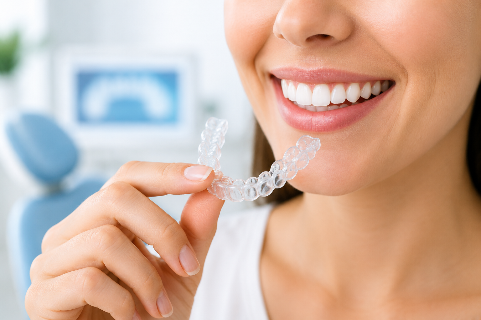 Woman holding a clear Invisalign aligner at Queen's Park Dental in New Westminster